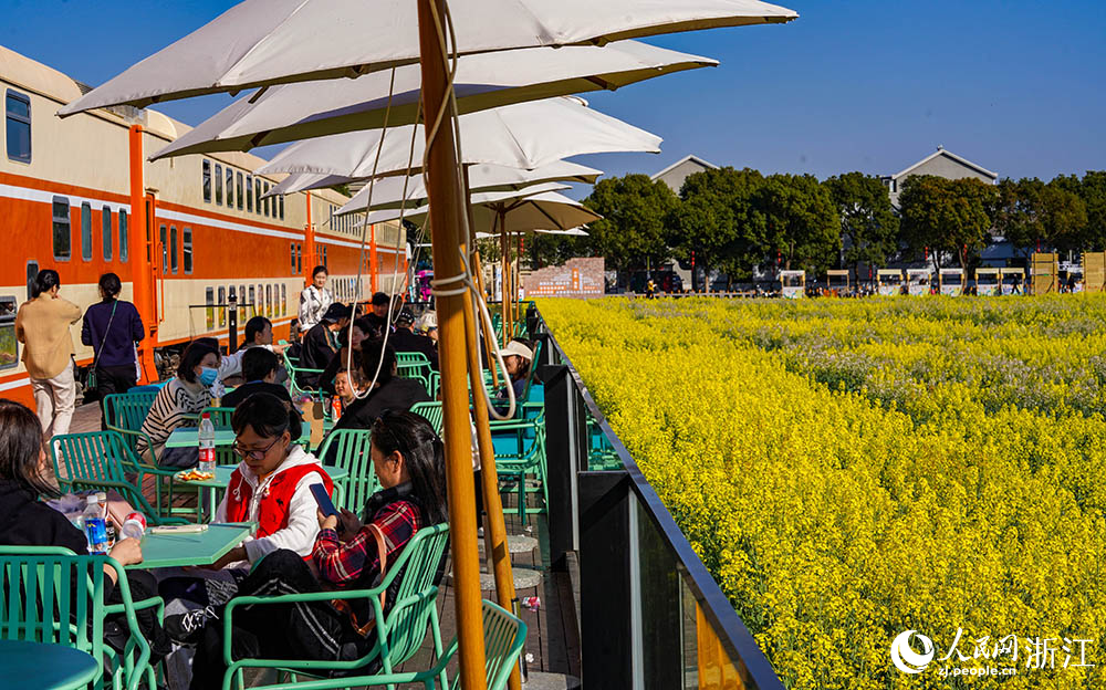 一列橙黃色的八節雙層火車“靜臥”在七彩油菜花海邊，吸引不少游客前來品咖啡、賞春色。人民網 章勇濤攝