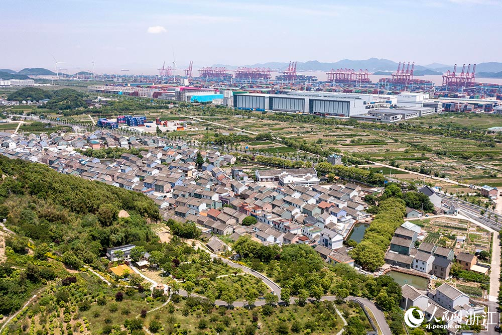 俯瞰浙江省寧波市北侖區梅山街道梅港村，一幅港村共融的獨特畫卷映入眼簾。人民網 章勇濤攝